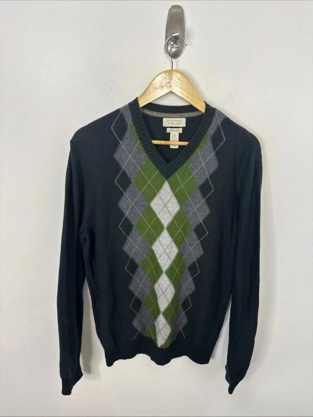 Banana Republic Cashmere Angora‎ Blend Mens Medium Argyle V-Neck Sweater Green